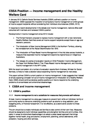 28 CSSA Position Paper Income Management Dec 2014