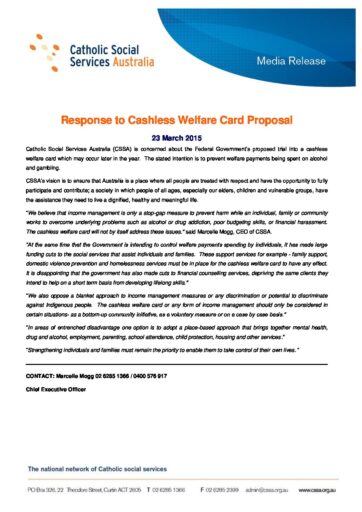29 Media Release 23 March 2015 Response To Cashless Welfare Card Proposal
